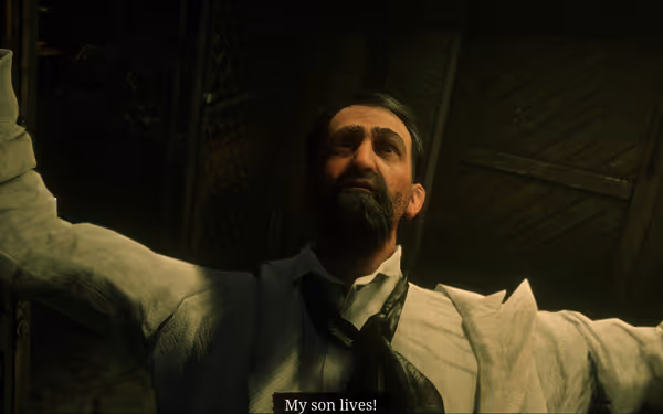 Man with outstretched arms, white shirt, tie, control panel.