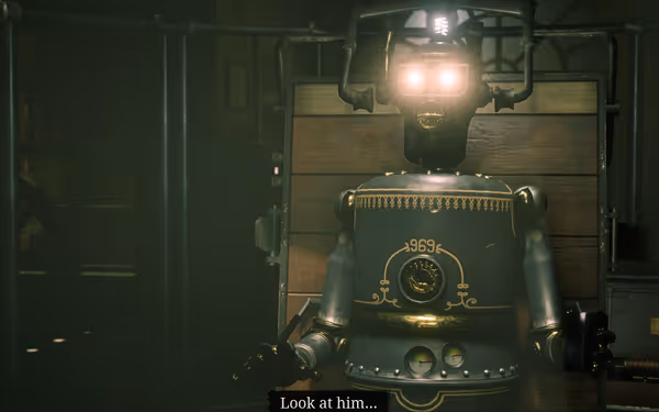 Robot with glowing eyes in dark room with pipes and machinery.