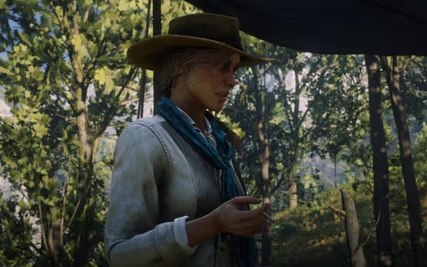 Women in forest, wearing hat and scarf, holding cigarette.