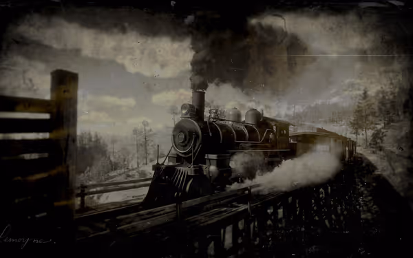 Steam locomotive on a wooden bridge, emitting smoke, surrounded by trees and mountains.