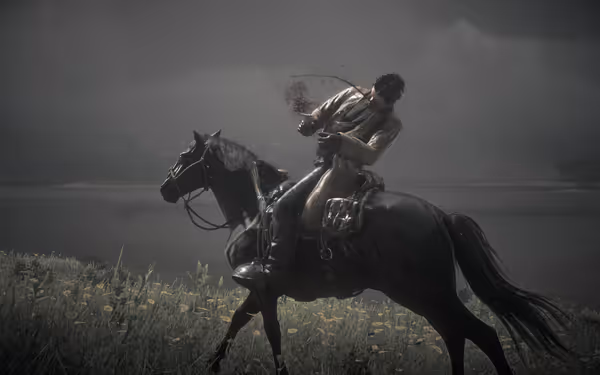 Person on horse holding weapon with blood splattering, near lake.