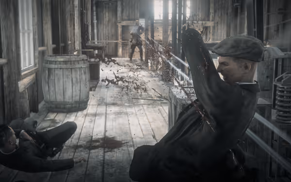 Gunfight on wooden porch, man shot, blood splattering, two people, dramatic scene.