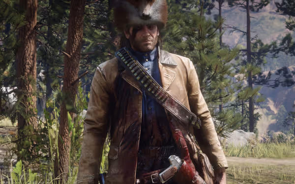 Person in leather coat with bandolier and gun holster in forest.