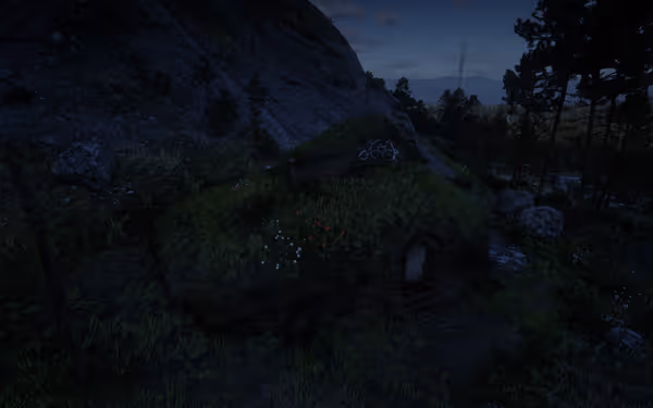 A small grass-covered house built into a hill, surrounded by trees and flowers at dusk.