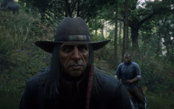 Two people in a forest, one wearing a hat, the other on horseback.