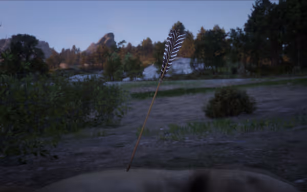 An arrow pierces the ground near bushes, trees, and distant rocky hills