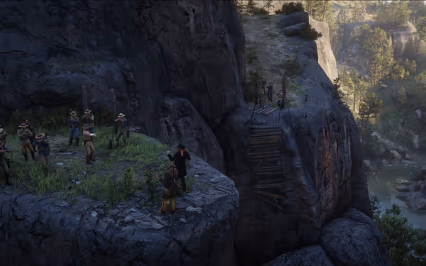 People standing on a cliff, aiming guns, with a broken wooden bridge.