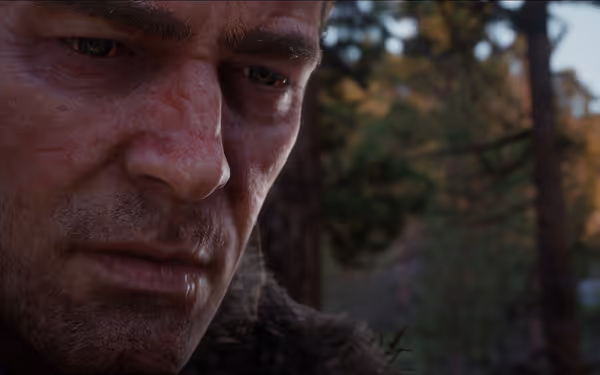 A sunlit forest with trees and a person wearing a fur collar on the left.