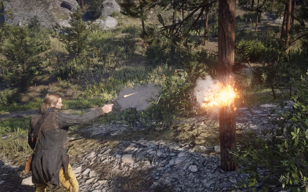 A person shoots a revolver at a tree in the forest, causing an explosion and smoke.