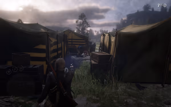 A character with a gun aims at another person inside a tented camp under cloudy skies.