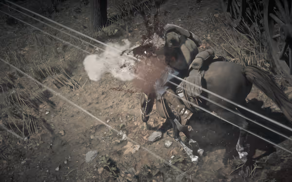 A horse-mounted figure is struck by gunfire, with visible impact and blood spray.