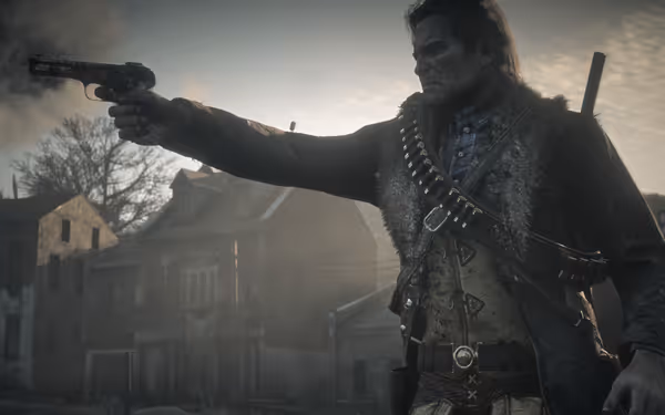 A rugged man aims a revolver, wearing a fur-trimmed coat and bandolier, outdoors.