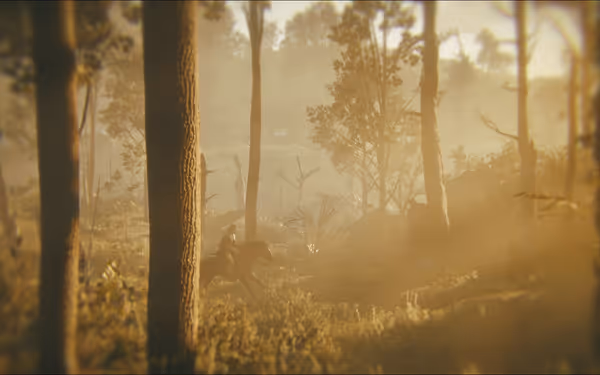 A lone rider on horseback moves through a misty forest bathed in sunlight.