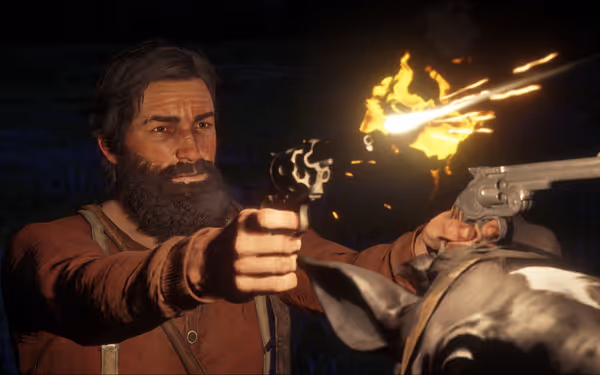 A bearded man fires two revolvers, with flames bursting from the barrels.