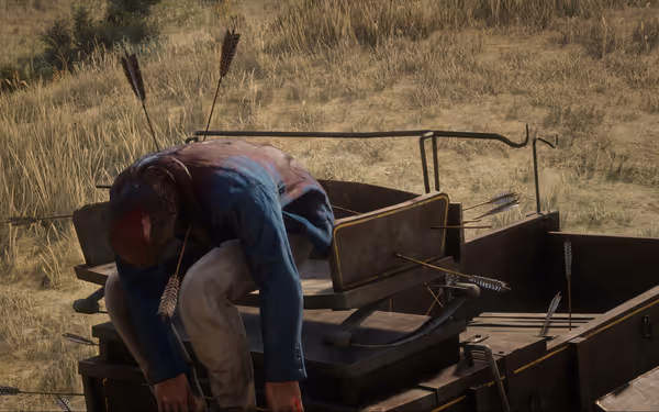 A man slumped over in a wooden wagon, pierced with multiple arrows.