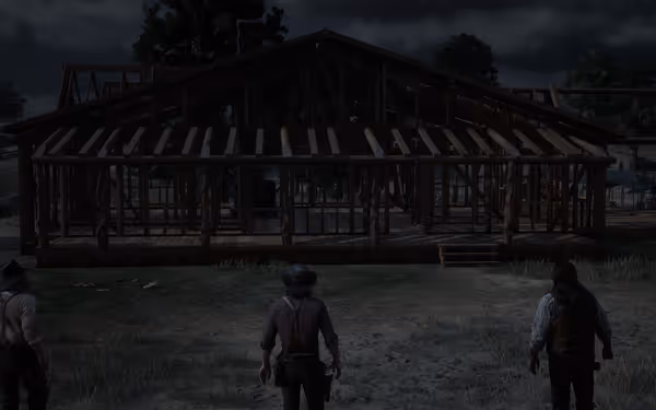 Three figures stand before a partially constructed wooden building under a dark sky.