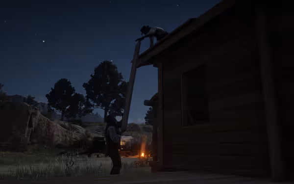 A man on a roof holds a plank as another supports it below.