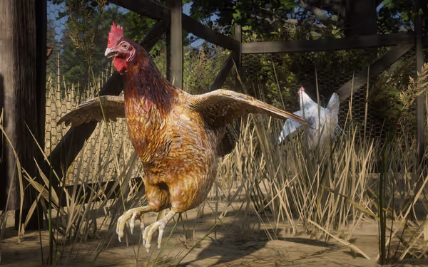 A brown chicken flaps its wings while a white chicken stands behind in a grassy enclosure.