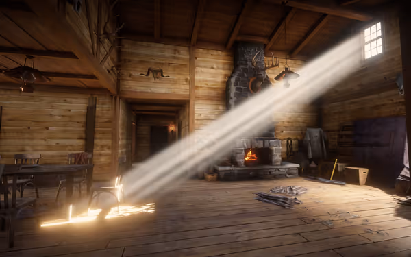 Sunlight streams through a window into a rustic wooden cabin with a lit fireplace.