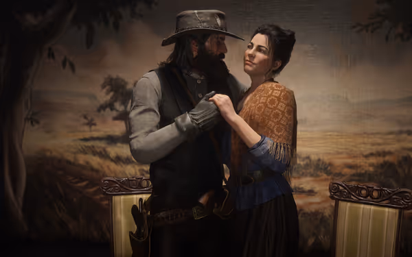 A man and woman dance closely together, framed by a scenic countryside backdrop.