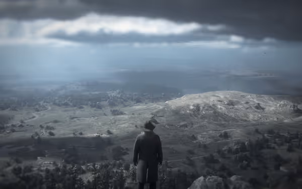 A lone figure in a hat overlooks a vast, cloudy, rural landscape.