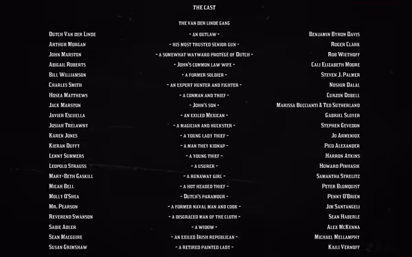 A cast list showing character names, roles, and corresponding actor credits in columns.