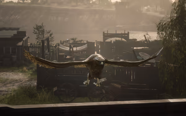 A large bird of prey with outstretched wings flies over a rustic settlement.