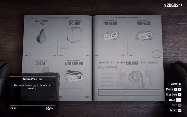 A catalog page displays food items like pear, cheese, salted beef, and pork loin with prices.