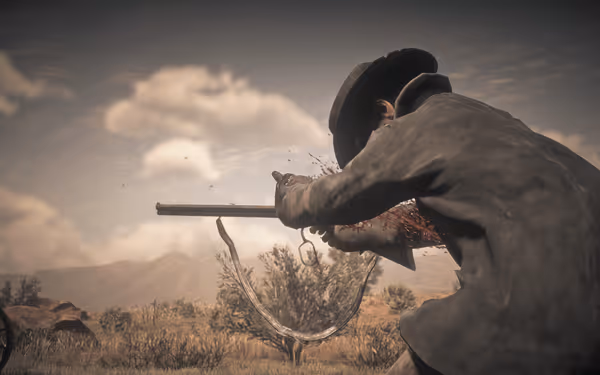 A person in a hat fires a rifle with blood splatter in view.