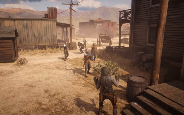 A standoff in a dusty Wild West town with armed figures surrounding one.
