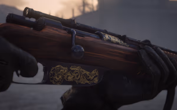 A detailed rifle with golden engravings and a wooden finish, held by gloved hands.