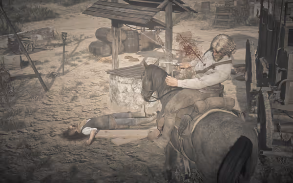 A man on horseback bleeds from a gunshot while another lies lifeless nearby.