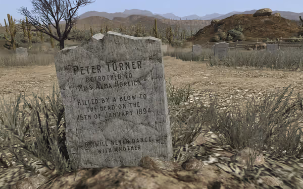 A gravestone reads "Peter Turner," mentioning his death in 1894 by head injury.