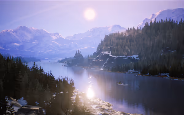 A overhead wide shot of the sun reflecting off of a river in the middle of a snowy forrest, with mountains in the background