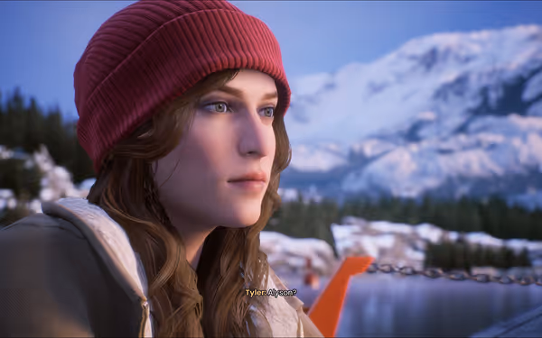 A close up of a female character, in the background there is a lake, a forest, and a snowy mountain