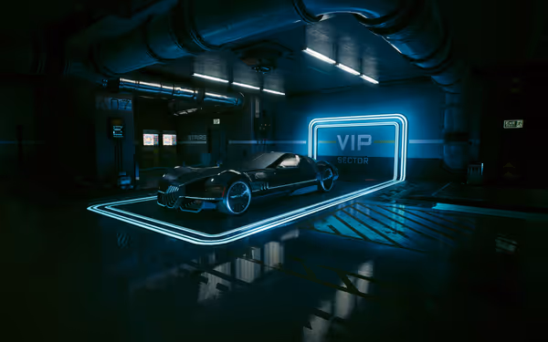 A sleek futuristic black car with glowing blue accents is parked in a VIP sector.
