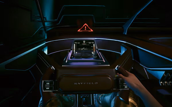 A first-person view inside a futuristic Rayfield car with a sleek digital dashboard.