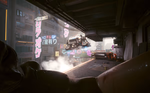 A futuristic medical vehicle hovers over a neon-lit city as a wounded figure lies nearby.