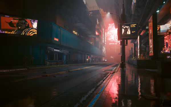 A neon-lit rainy street with futuristic billboards, a few pedestrians, and a glowing skyline.