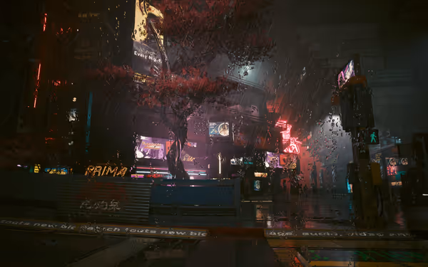 A neon-lit rainy cityscape with a red tree, digital billboards, and wet streets.