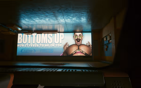 A glowing billboard features a man with exaggerated breasts and bold text.