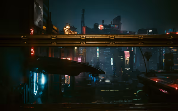 A flying car hovers near neon-lit skyscrapers with holographic billboards and dark skies.