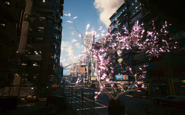 A glowing pink tree stands amid futuristic buildings, with billboards and a clear sky