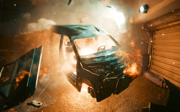 A burning car explodes in a garage, with smoke, fire, and debris flying