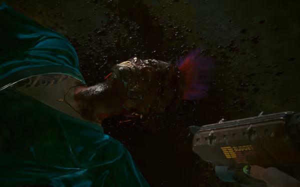 A person in a green jacket lies lifeless with a cybernetic face and mohawk, while a hand holds a futuristic gun