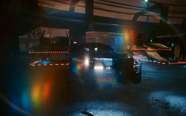 A futuristic armored Militech vehicle with bright headlights is parked near hovering aircraft