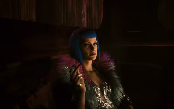 A stylish woman with blue hair and a fur coat smokes in a dimly lit lounge