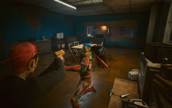 A gunman with red hair aims at a masked enemy wielding a bloodied bat