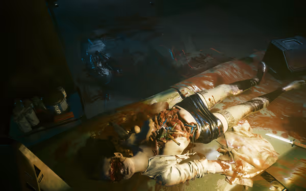 A mutilated body with cybernetic implants lies on a bloodied surface in dim lighting