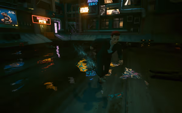 A woman with cybernetic features runs through a wet neon-lit alley at night